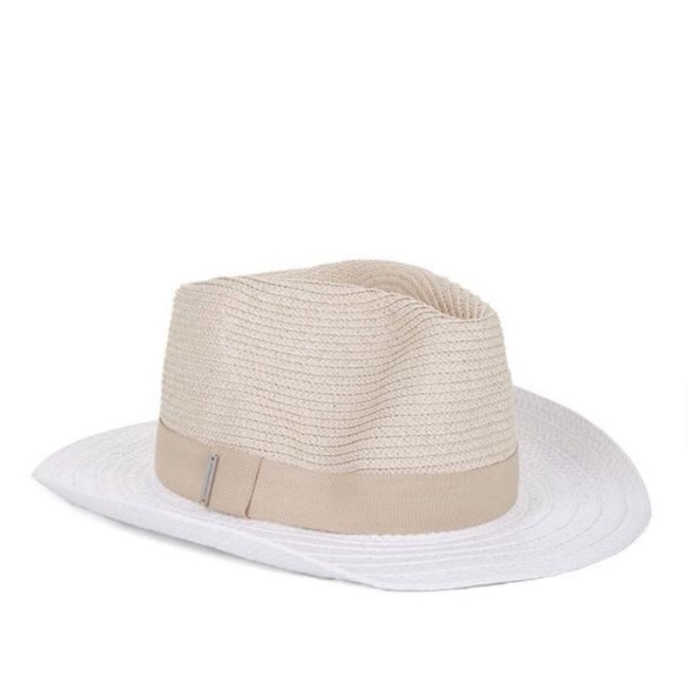 BCBG STRAW HAT SUN BEACH BEIGE WHITE WIDE BRIM